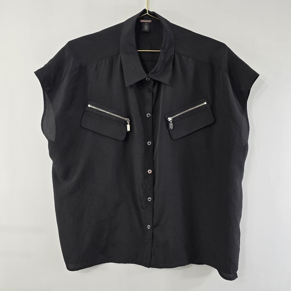 Black Label By Chico's Chicos Solid Black Cap Dolman Batwing Short Sleeve Top 2